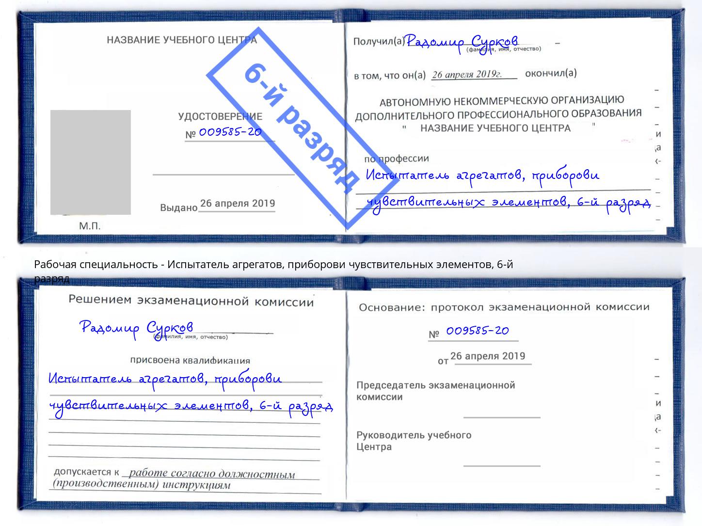 корочка 6-й разряд Испытатель агрегатов, приборови чувствительных элементов Георгиевск