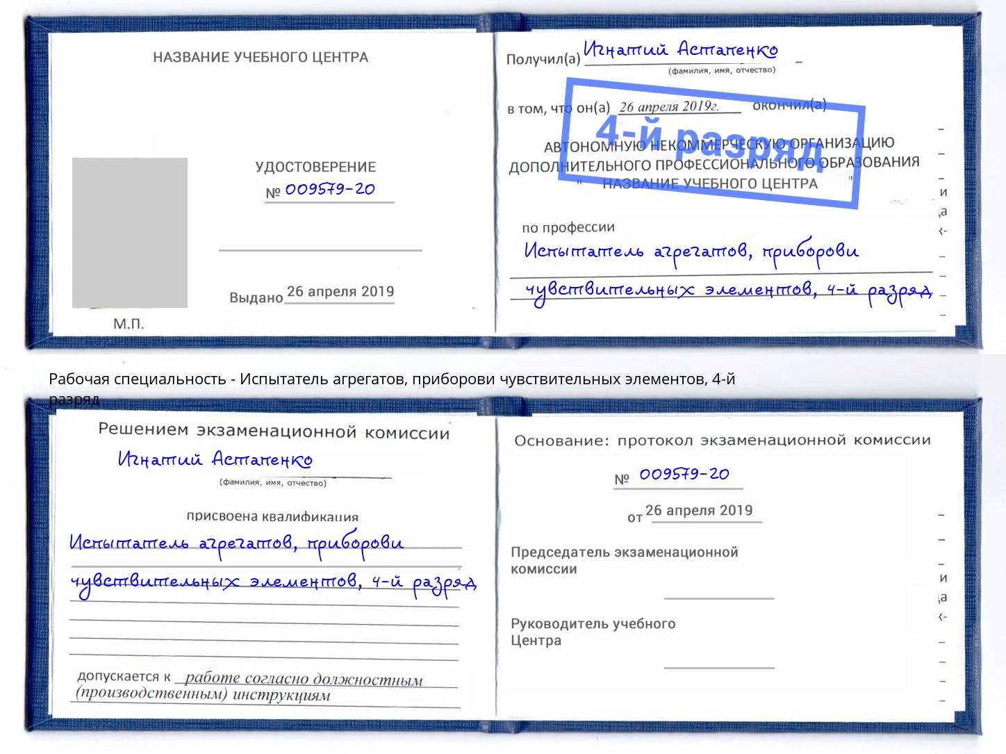 корочка 4-й разряд Испытатель агрегатов, приборови чувствительных элементов Георгиевск