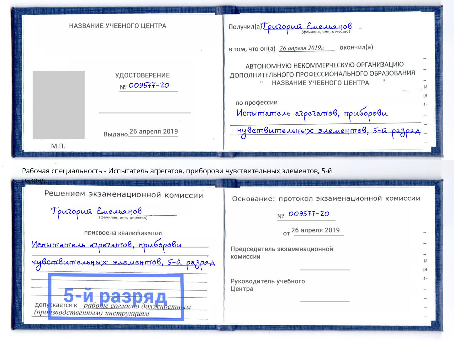 корочка 5-й разряд Испытатель агрегатов, приборови чувствительных элементов Георгиевск