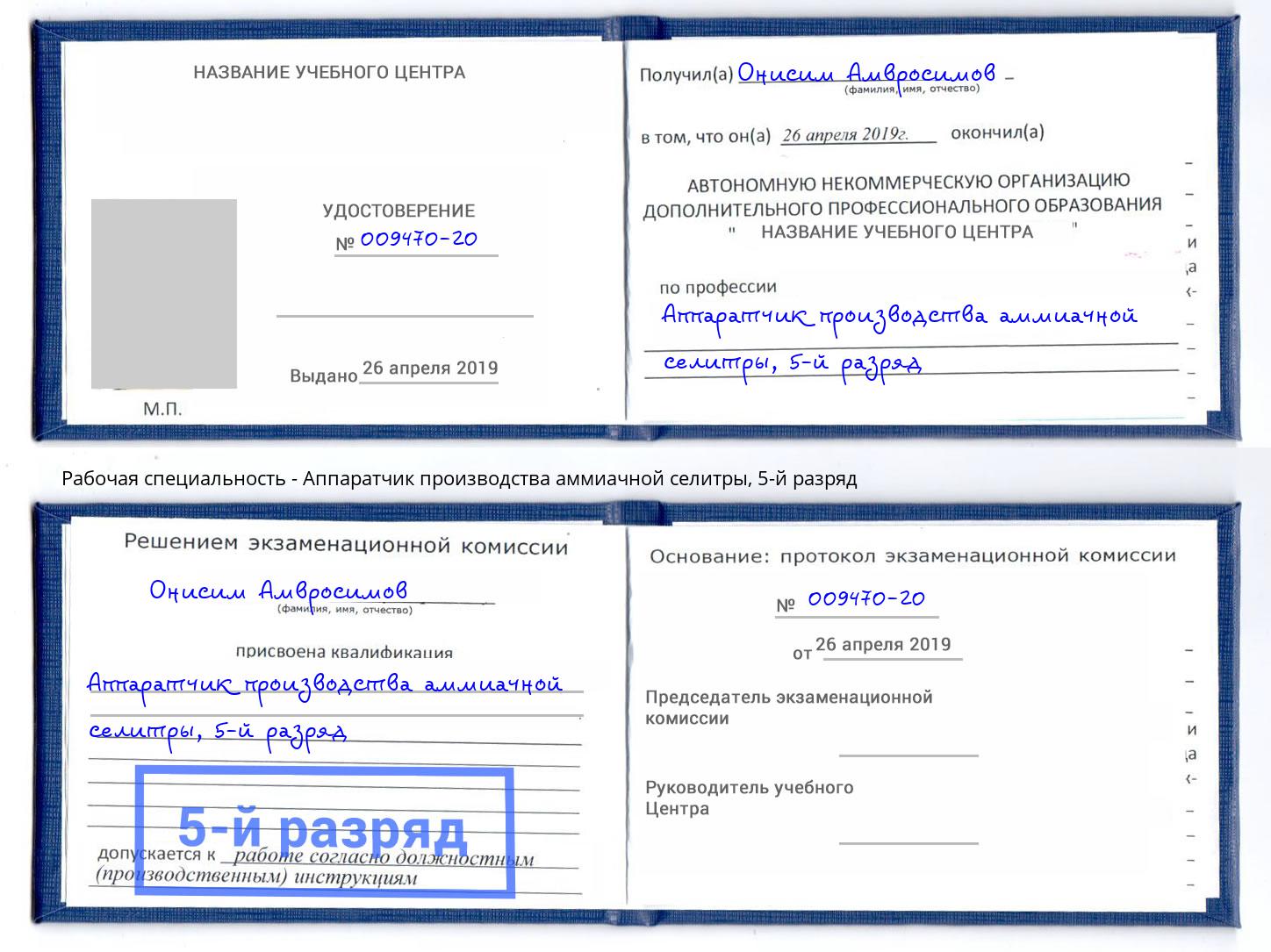 корочка 5-й разряд Аппаратчик производства аммиачной селитры Георгиевск