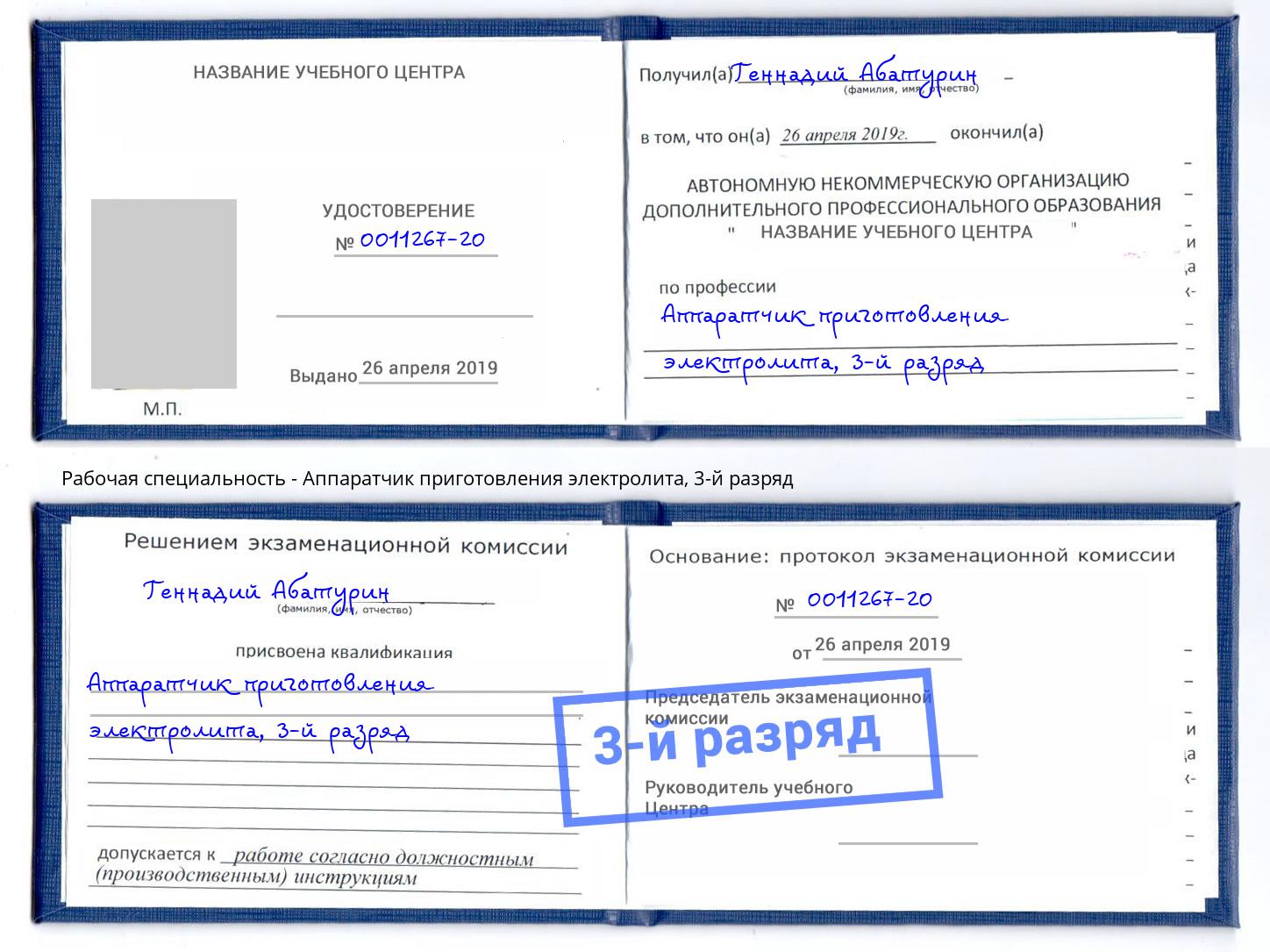 корочка 3-й разряд Аппаратчик приготовления электролита Георгиевск