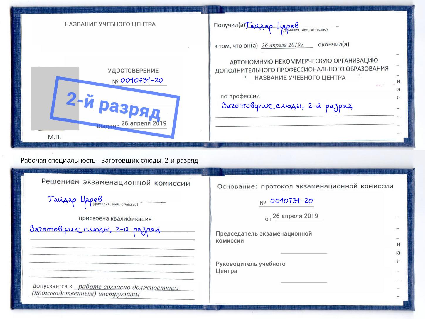 корочка 2-й разряд Заготовщик слюды Георгиевск