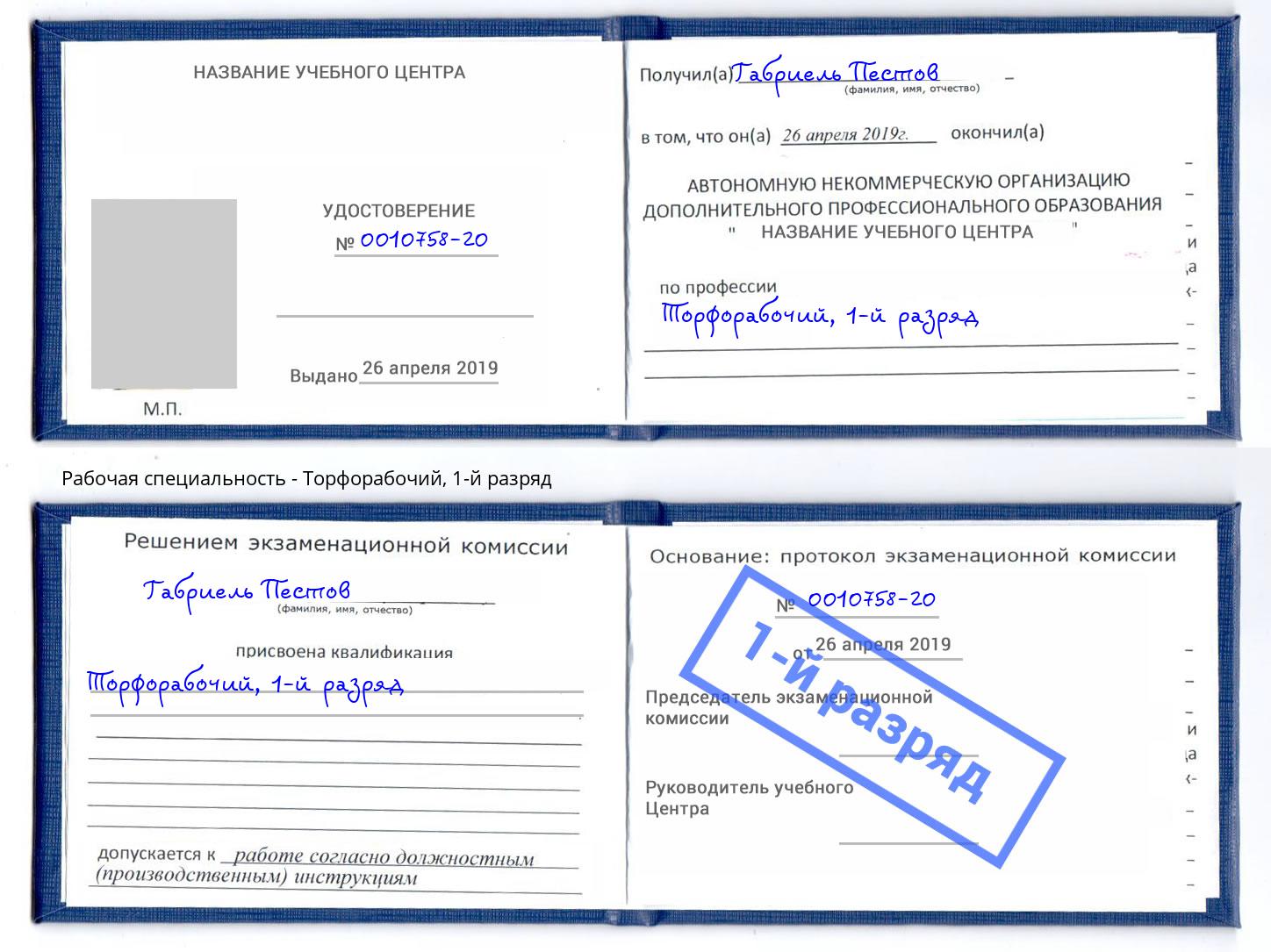 корочка 1-й разряд Торфорабочий Георгиевск