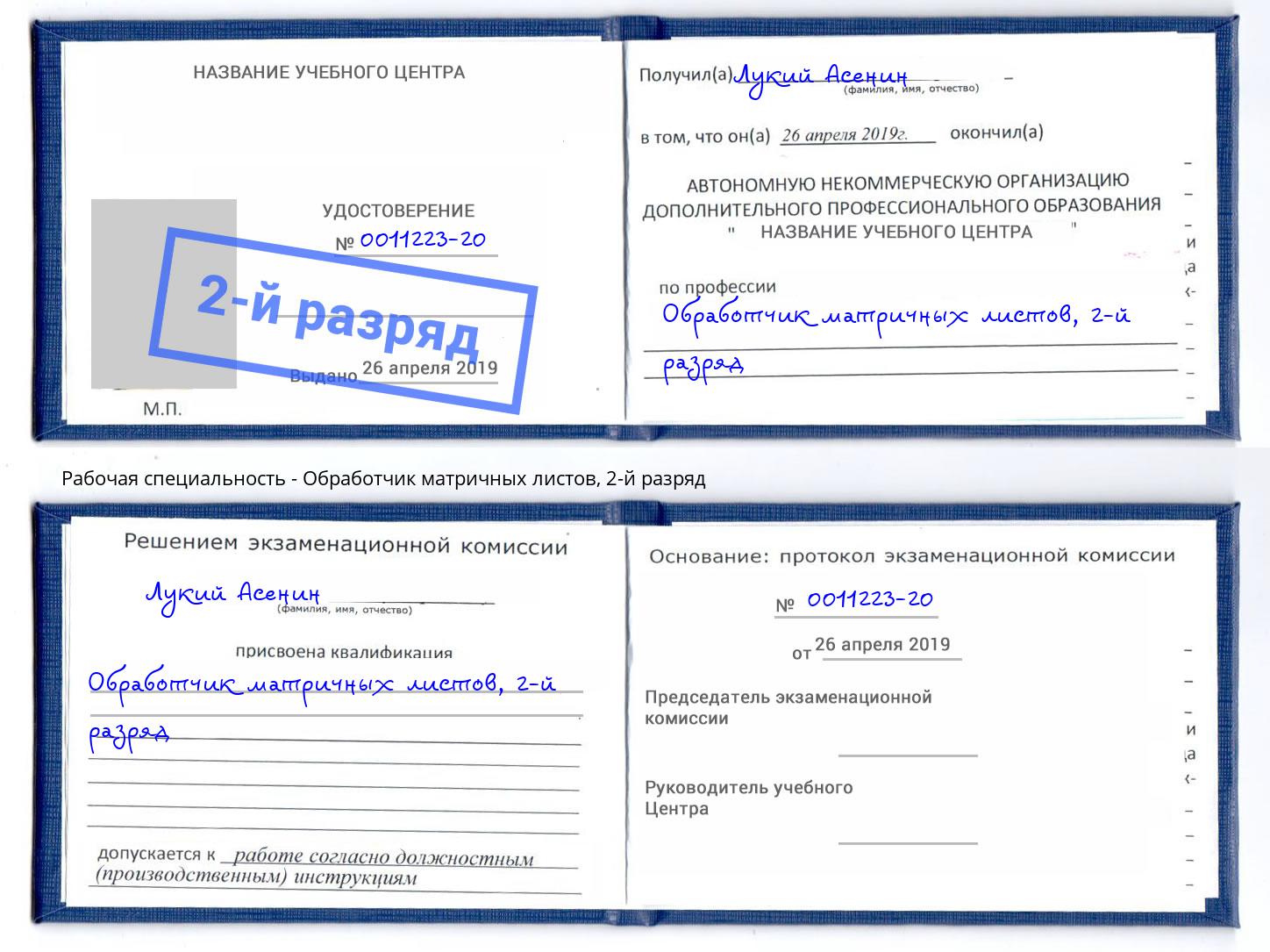 корочка 2-й разряд Обработчик матричных листов Георгиевск